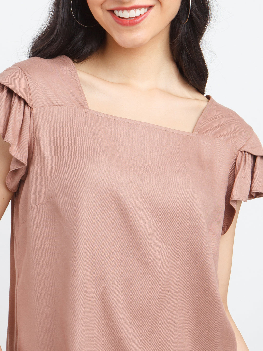 Brown Solid Ruffled Top For Women