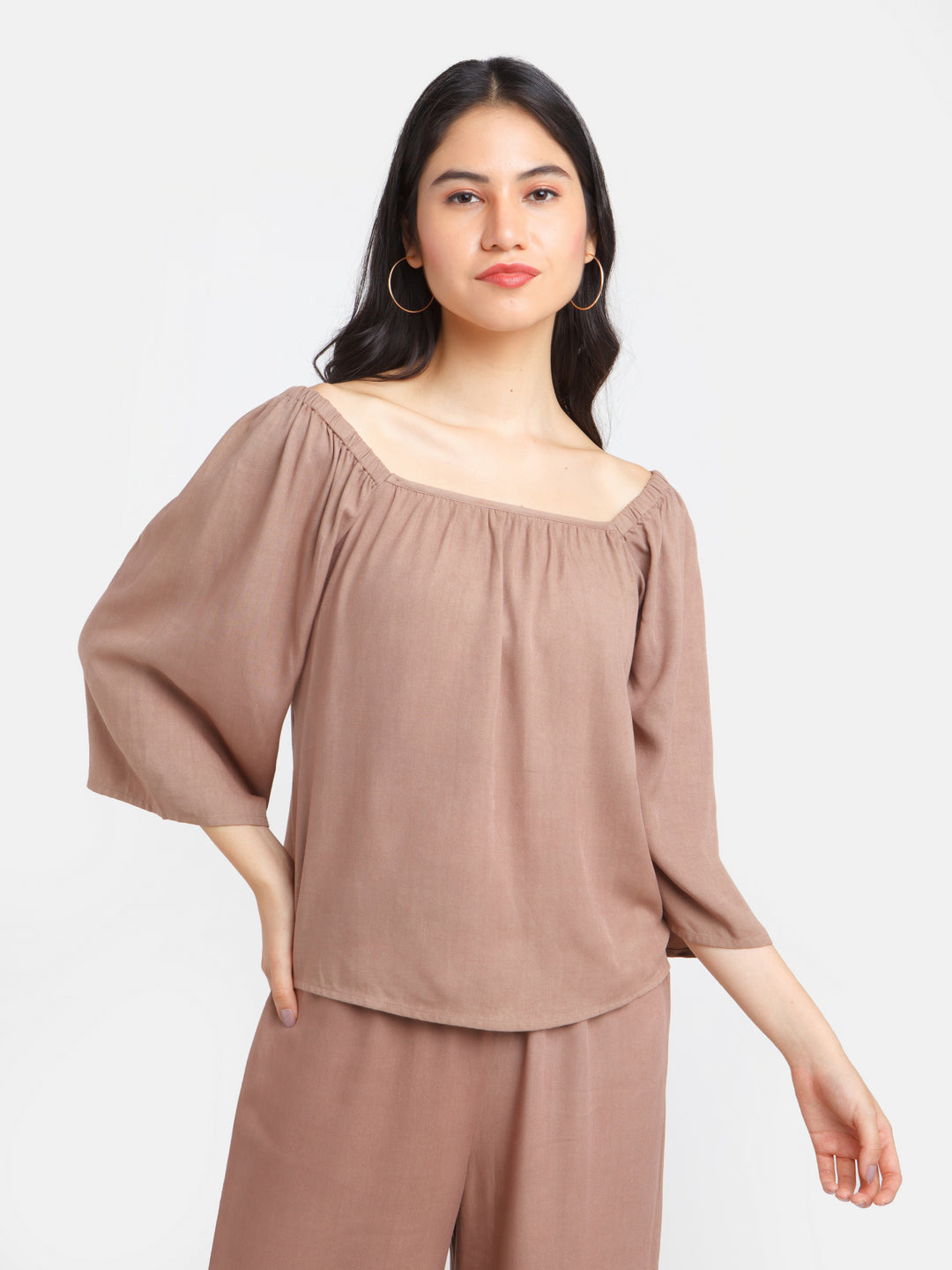 Brown Solid Elasticated Top For Women