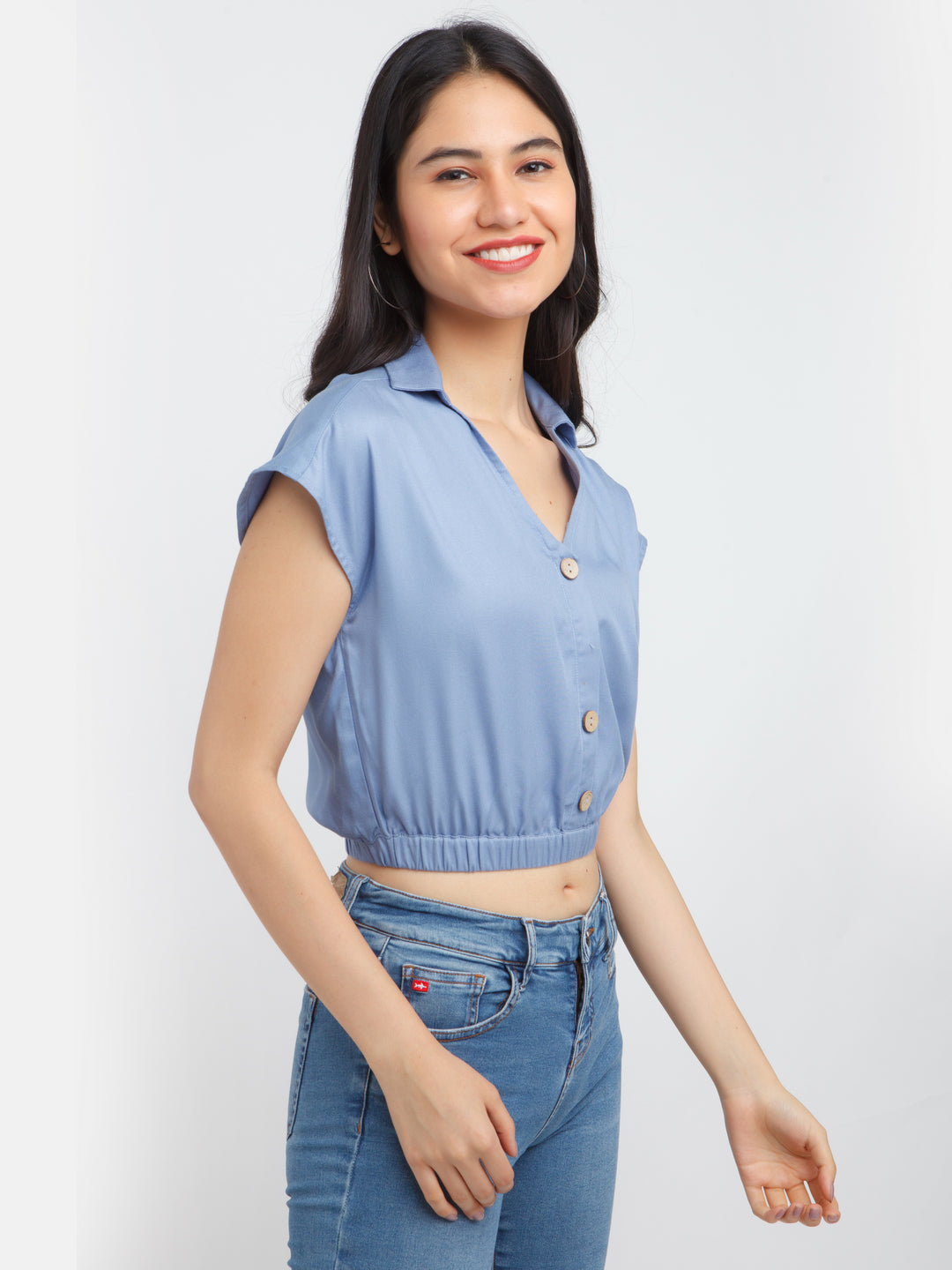 Blue Solid Crop Top