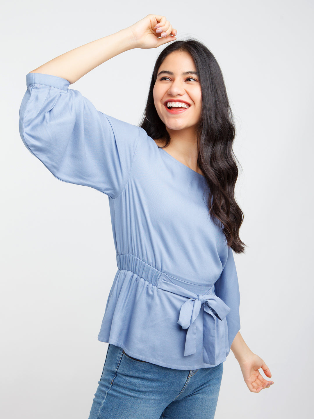 Blue Solid Flared Sleeve Top For Women