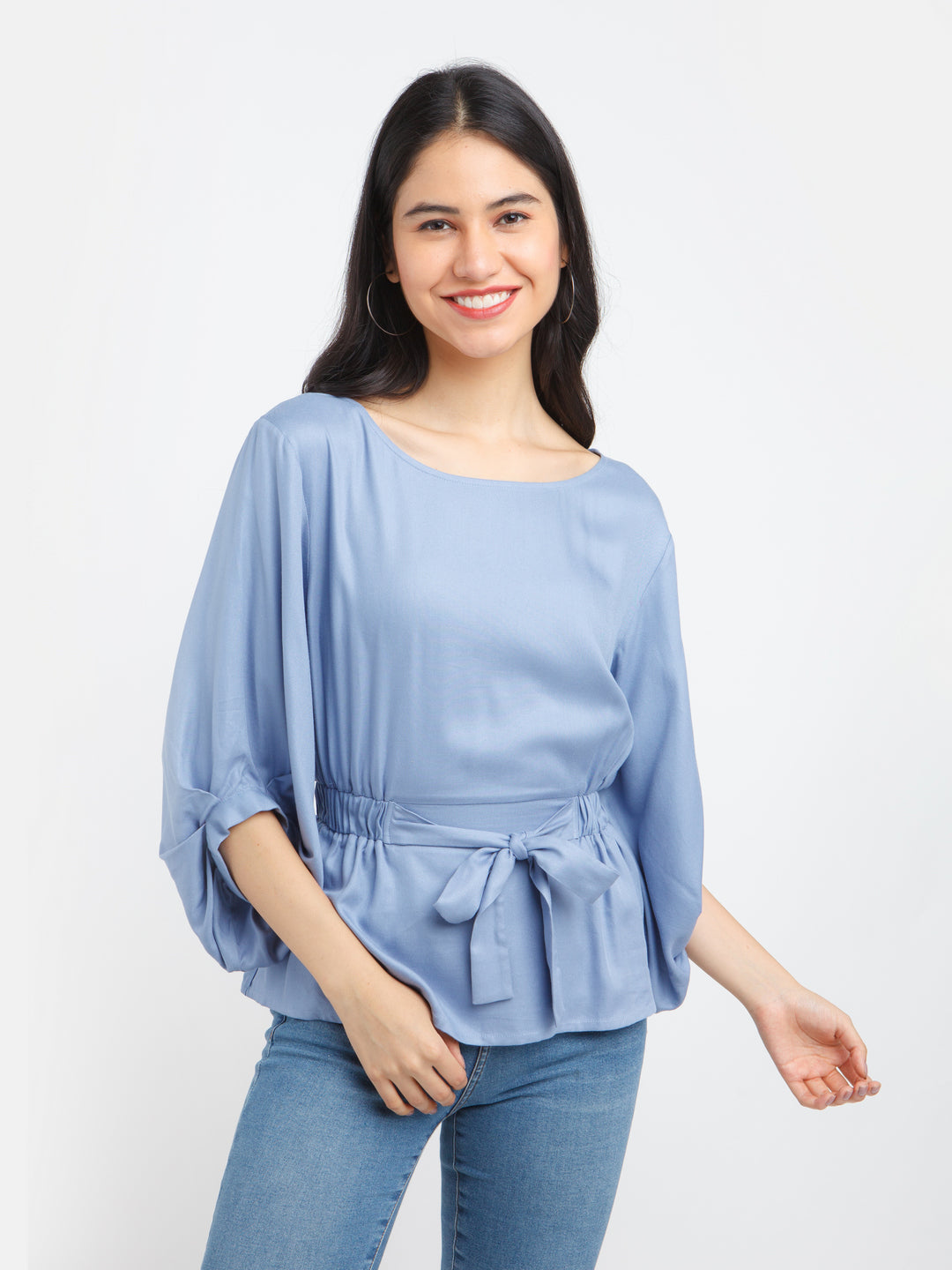 Blue Solid Flared Sleeve Top