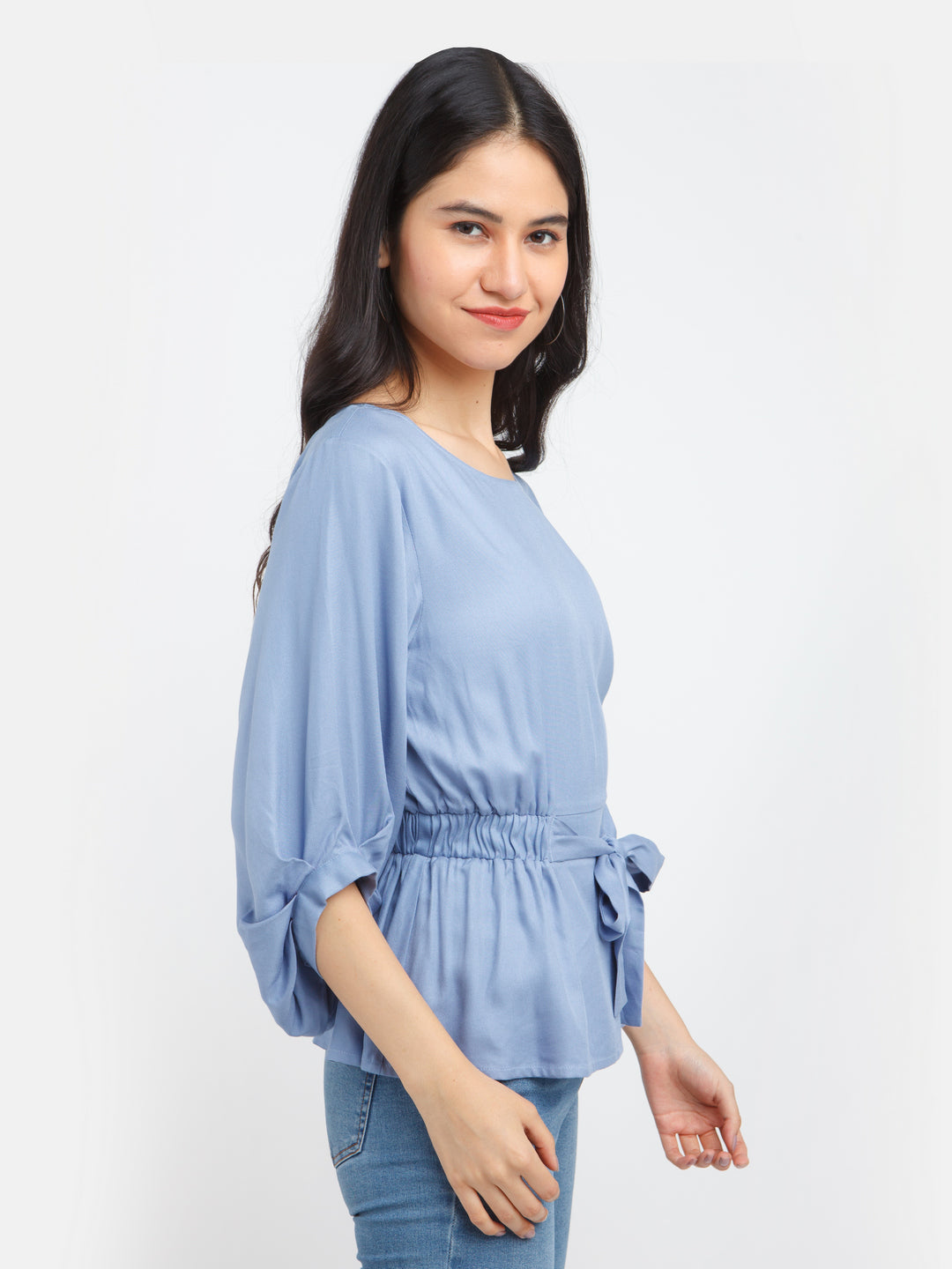 Blue Solid Flared Sleeve Top