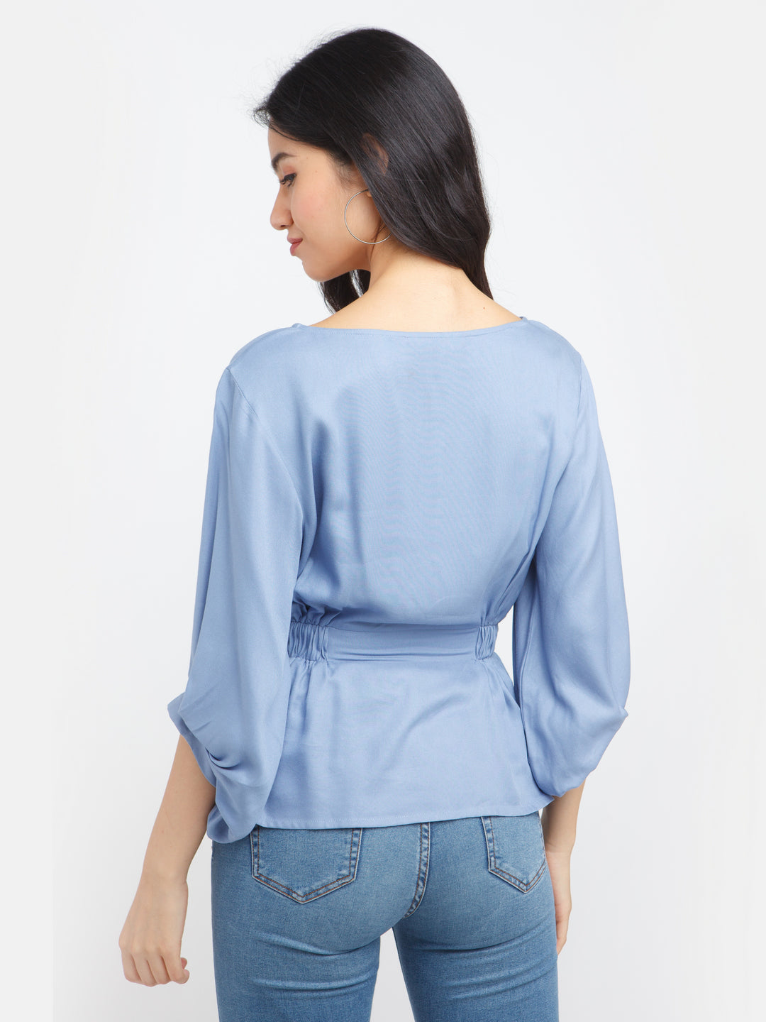 Blue Solid Flared Sleeve Top