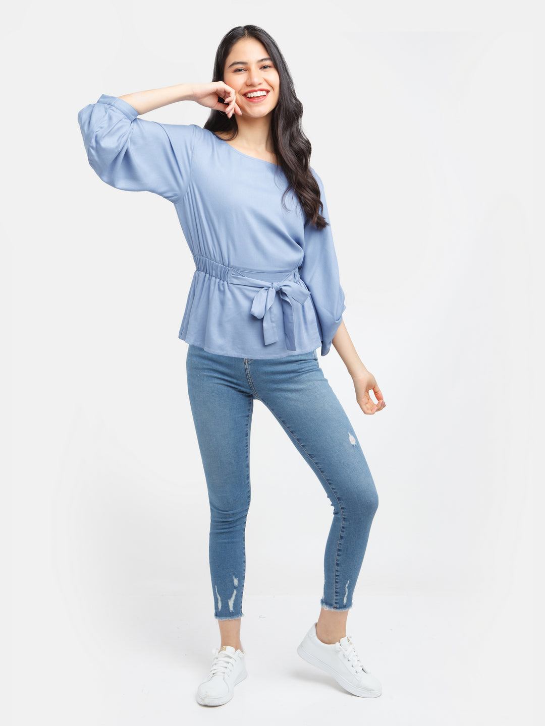 Blue Solid Flared Sleeve Top