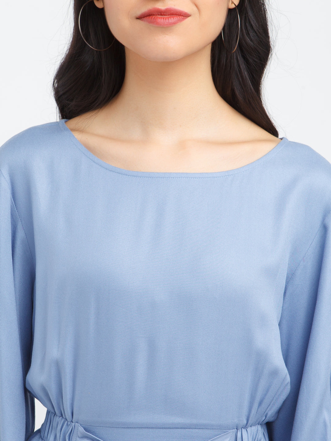 Blue Solid Flared Sleeve Top For Women