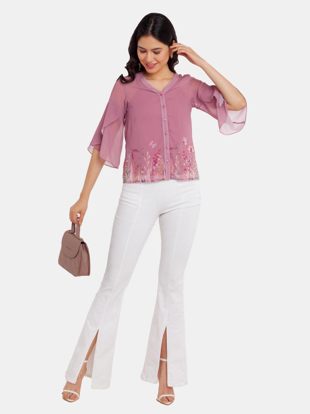 Pink Printed Flared Sleeve Top