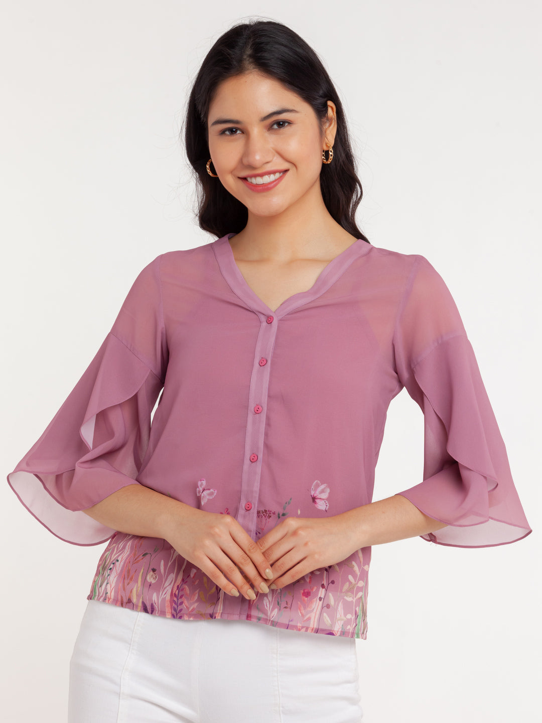 Pink Printed Flared Sleeve Top For Women