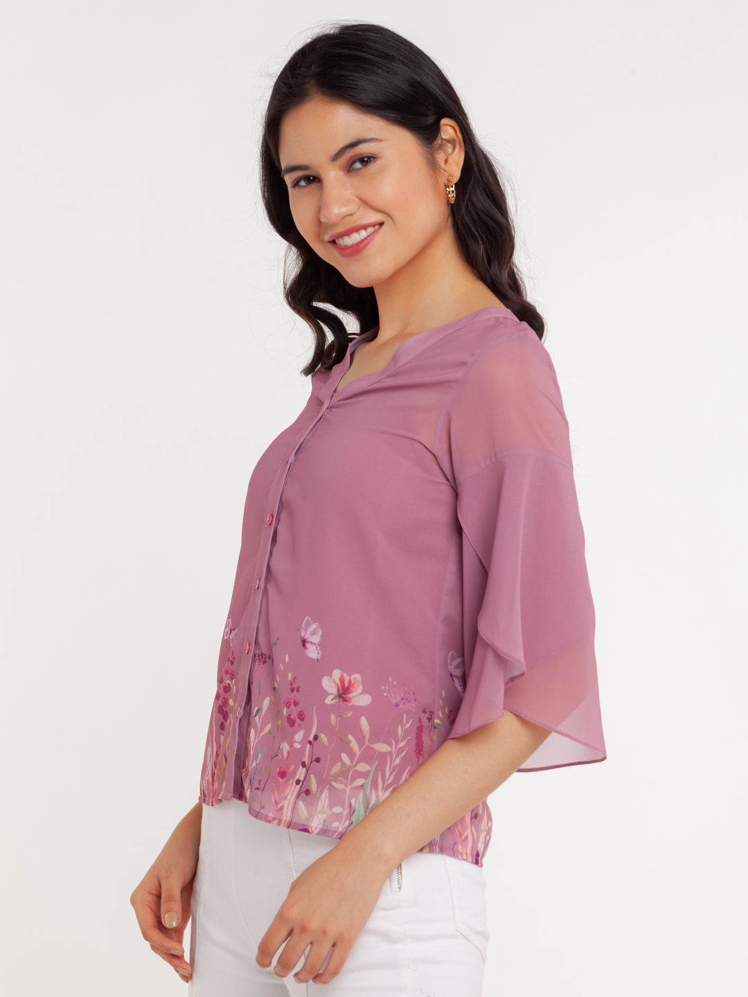 Pink Printed Flared Sleeve Top