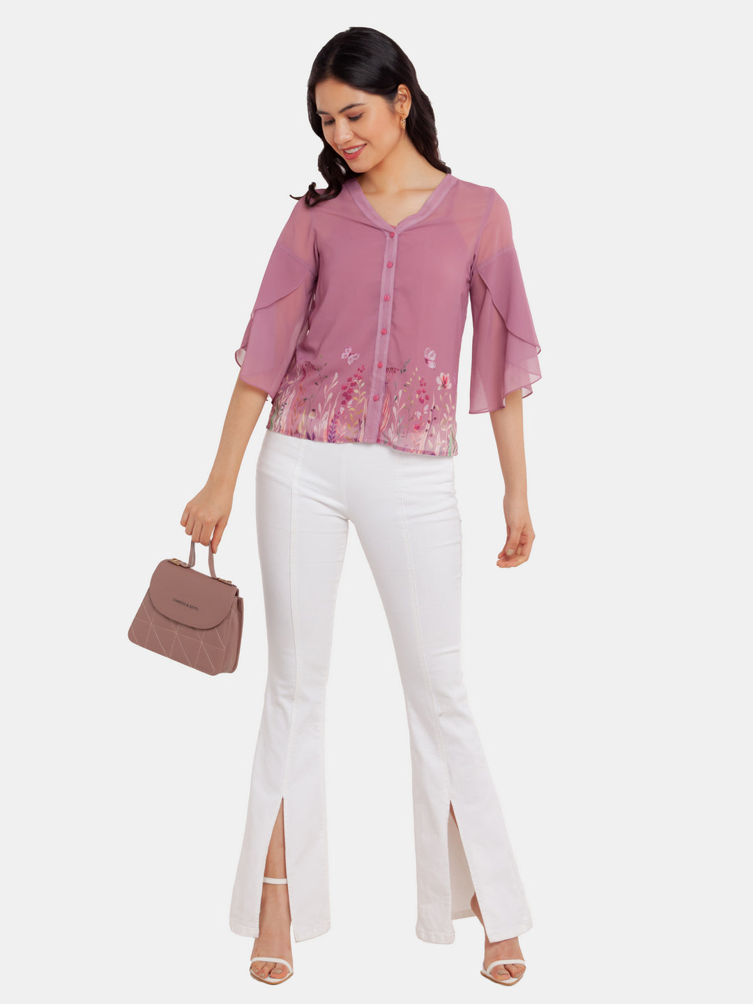 Pink Printed Flared Sleeve Top For Women