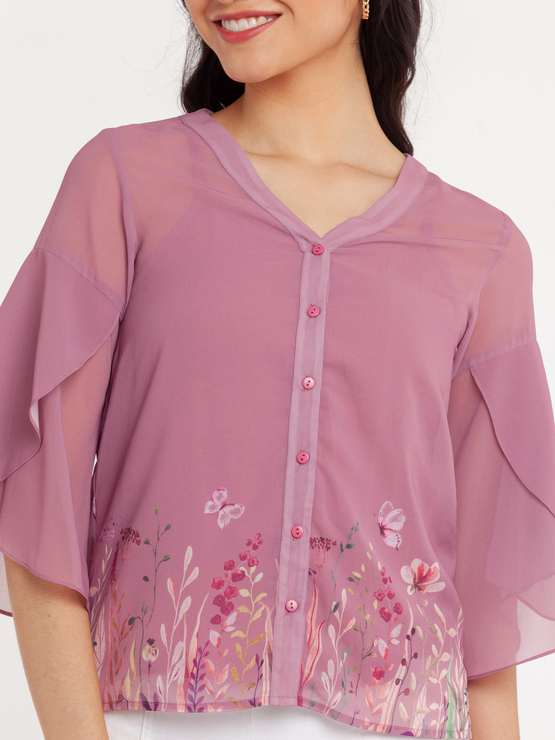 Pink Printed Flared Sleeve Top