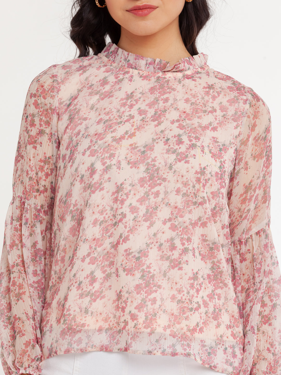 Off White Printed Puff Sleeve Top For Women
