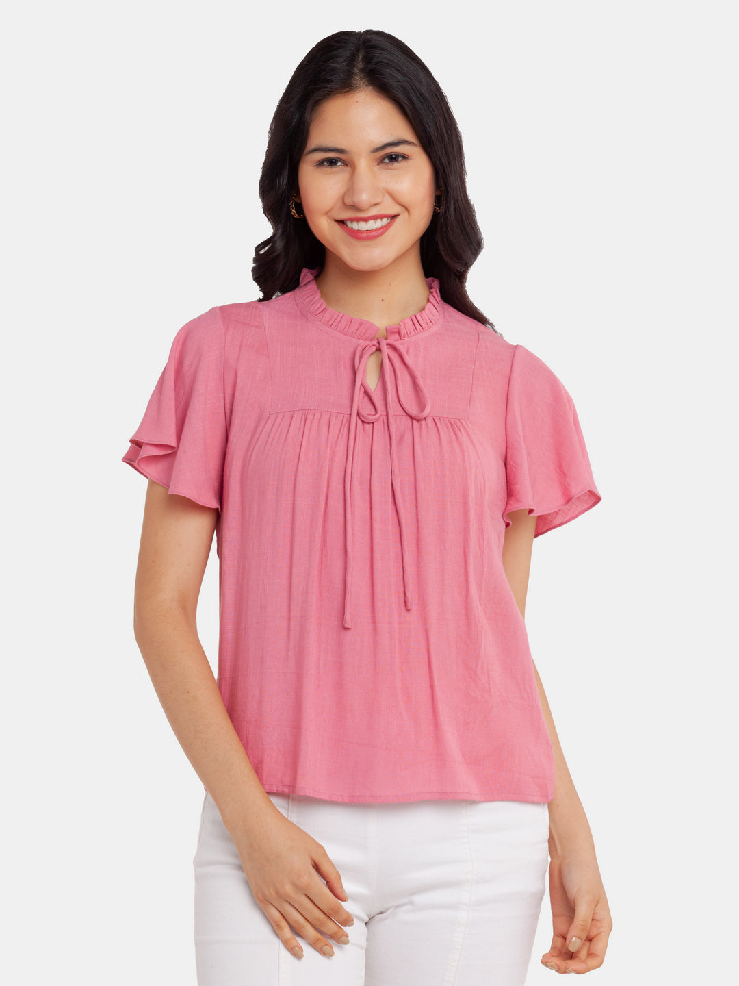 Pink Solid Flared Sleeve Top