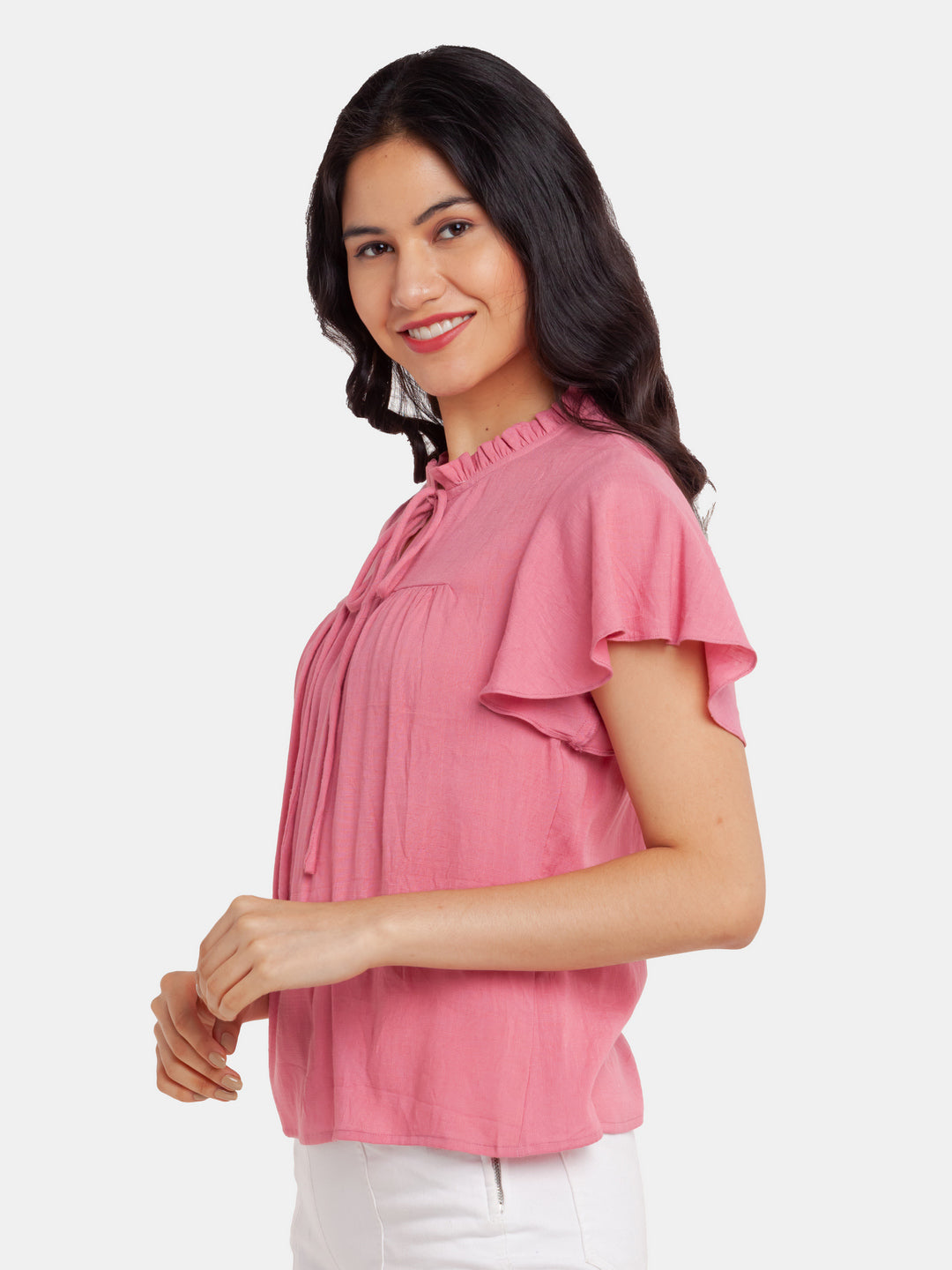 Pink Solid Flared Sleeve Top For Women