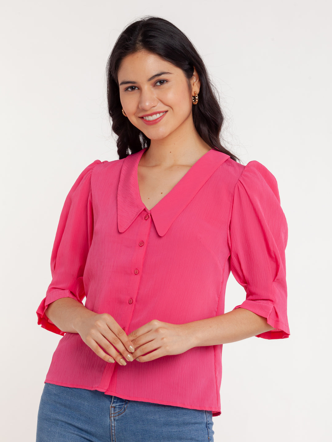 Pink Solid Puff Sleeve Top