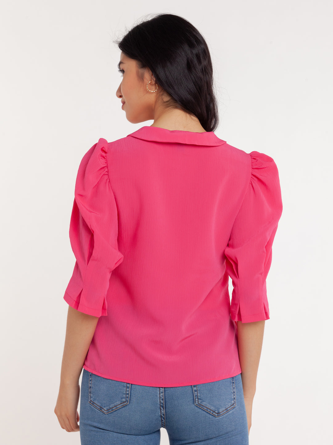 Pink Solid Puff Sleeve Top