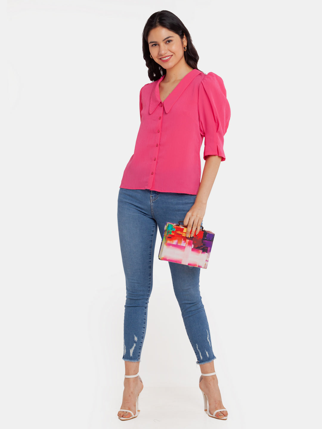 Pink Solid Puff Sleeve Top For Women