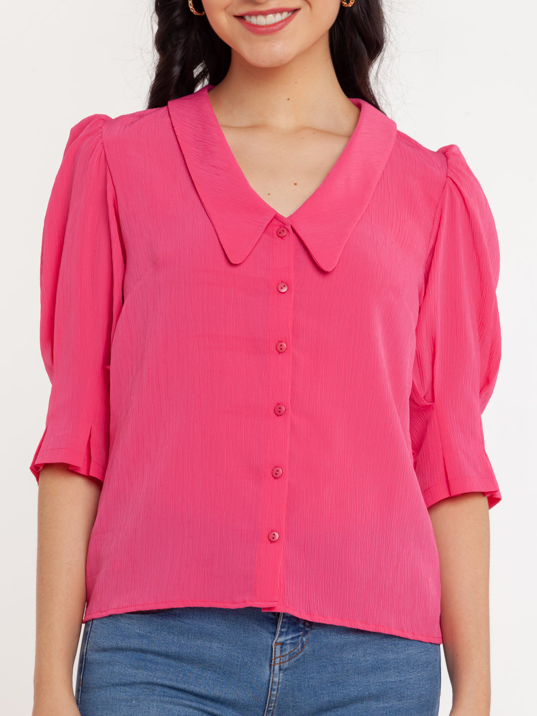 Pink Solid Puff Sleeve Top