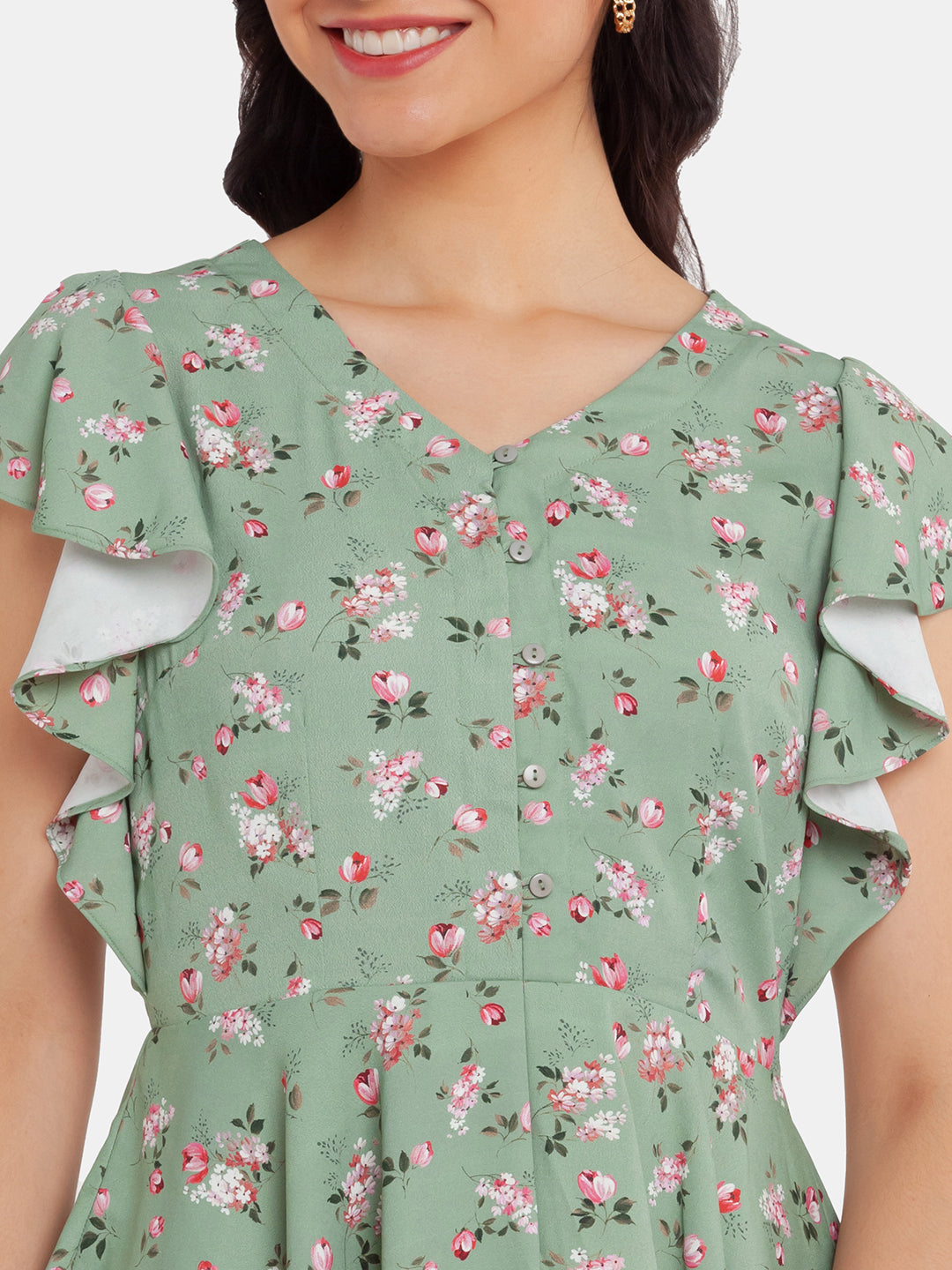 Green Printed Flared Sleeve Top For Women