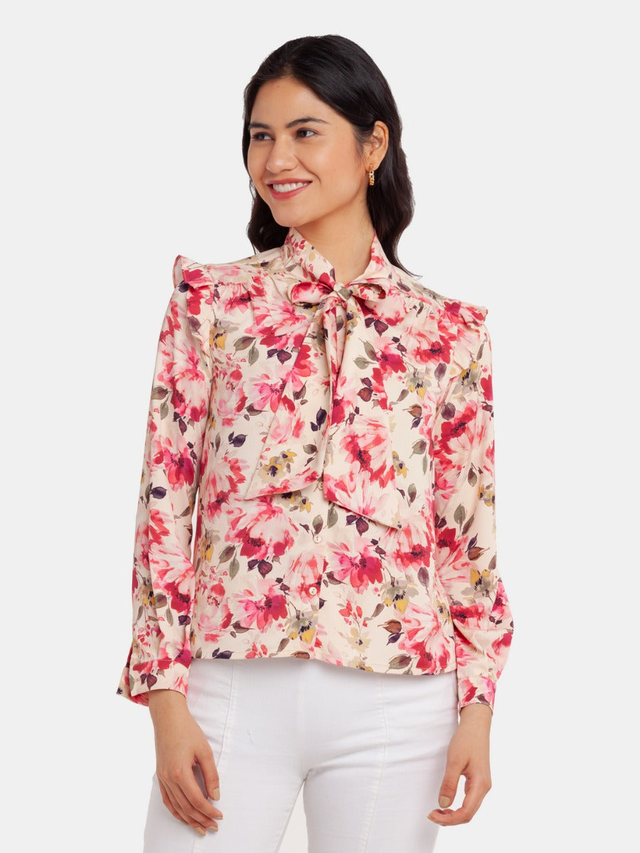 Off White Printed Frill Top For Women