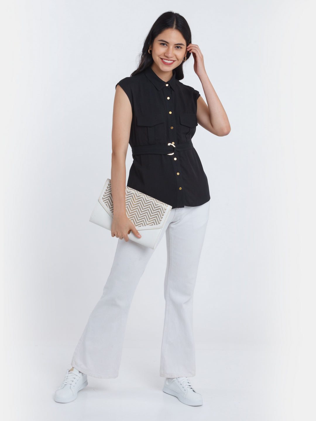 Black Solid Utility Top For Women