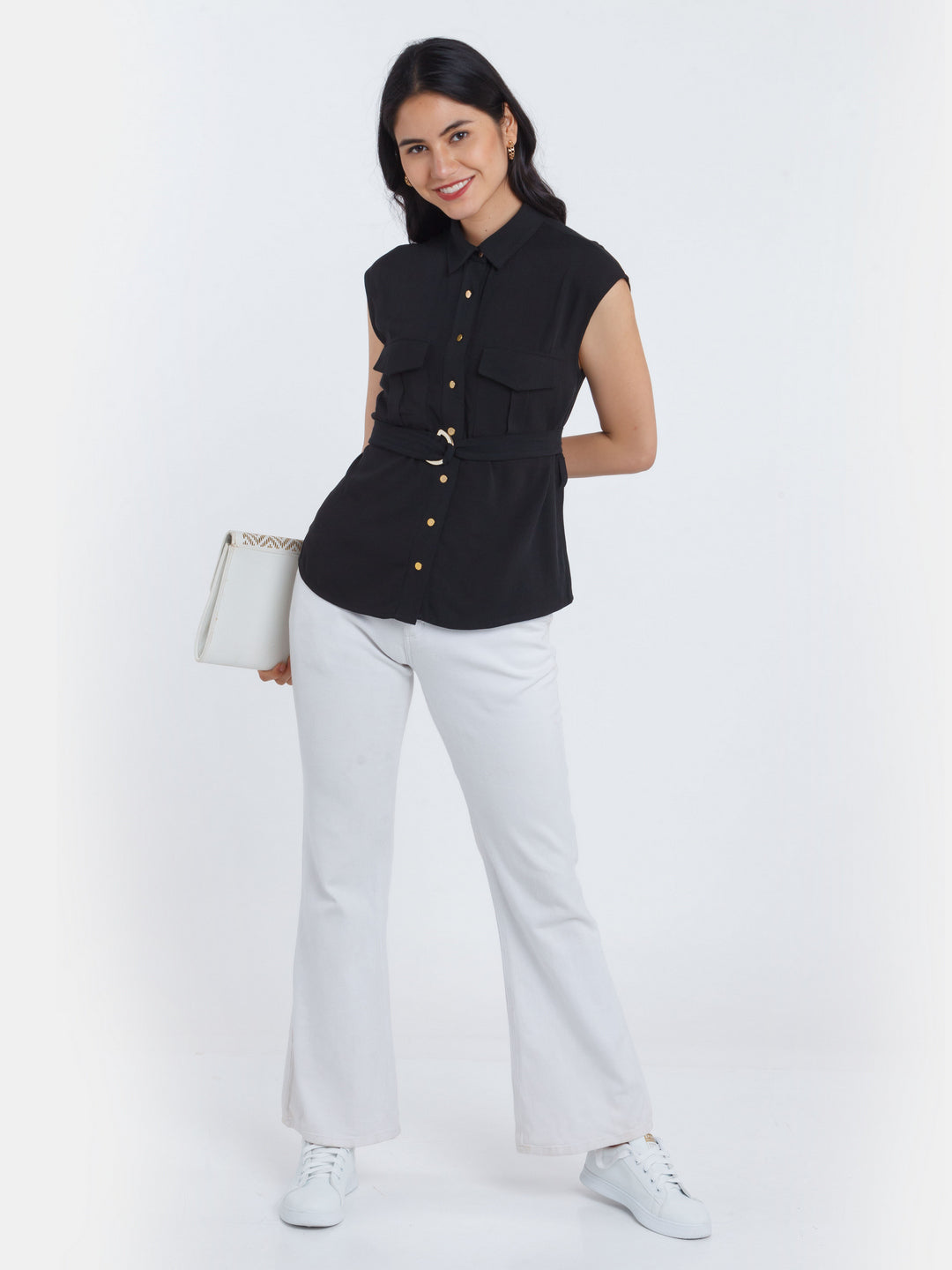Black Solid Utility Top For Women
