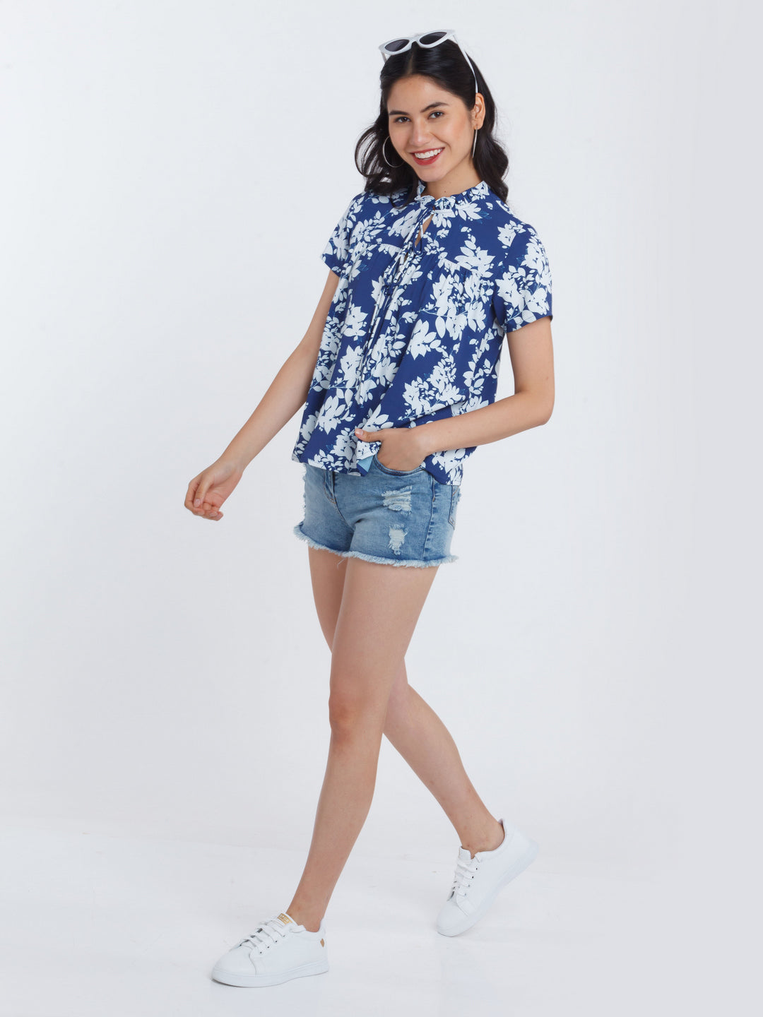 Navy Blue Printed Ruffled Top