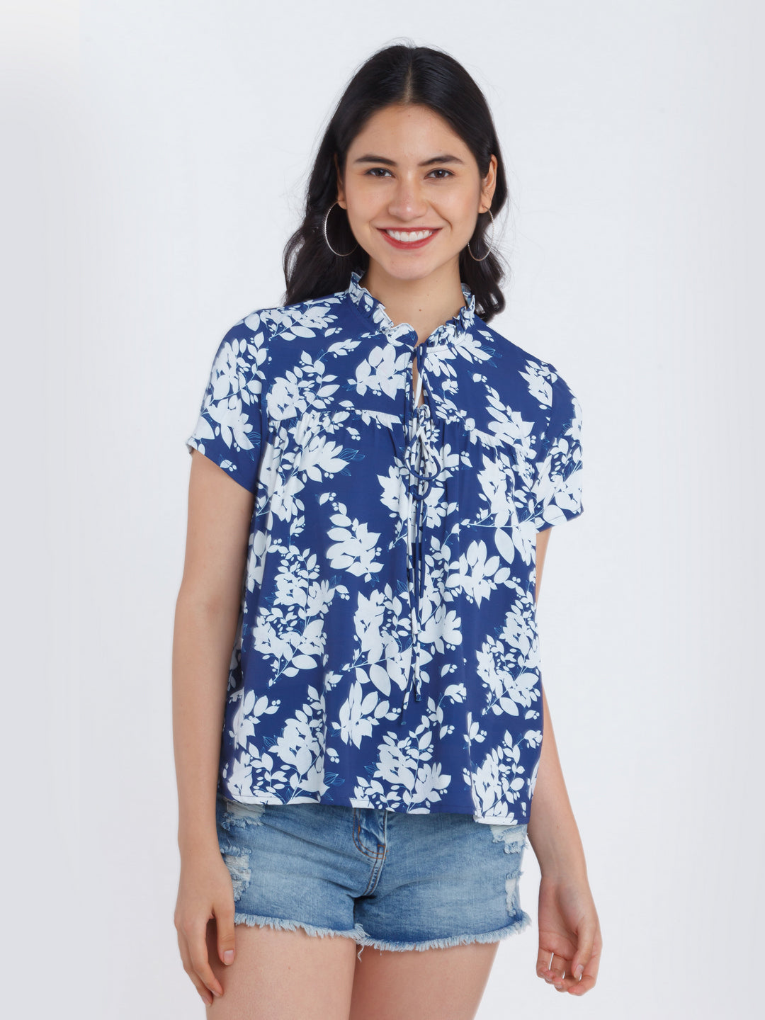 Navy Blue Printed Ruffled Top