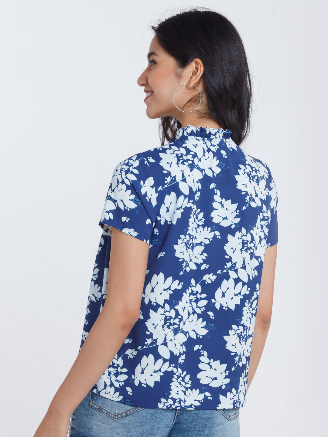 Navy Blue Printed Ruffled Top For Women