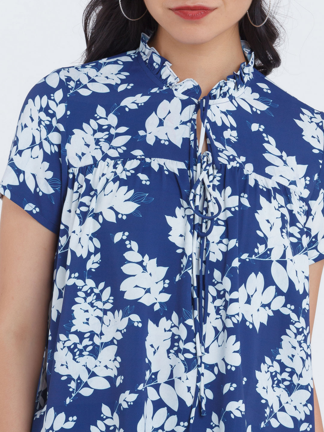 Navy Blue Printed Ruffled Top For Women