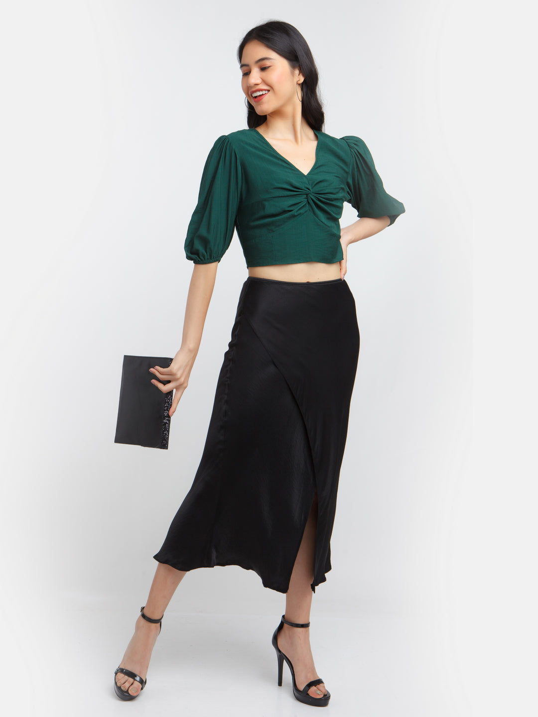 Green Solid Twisted Top For Women