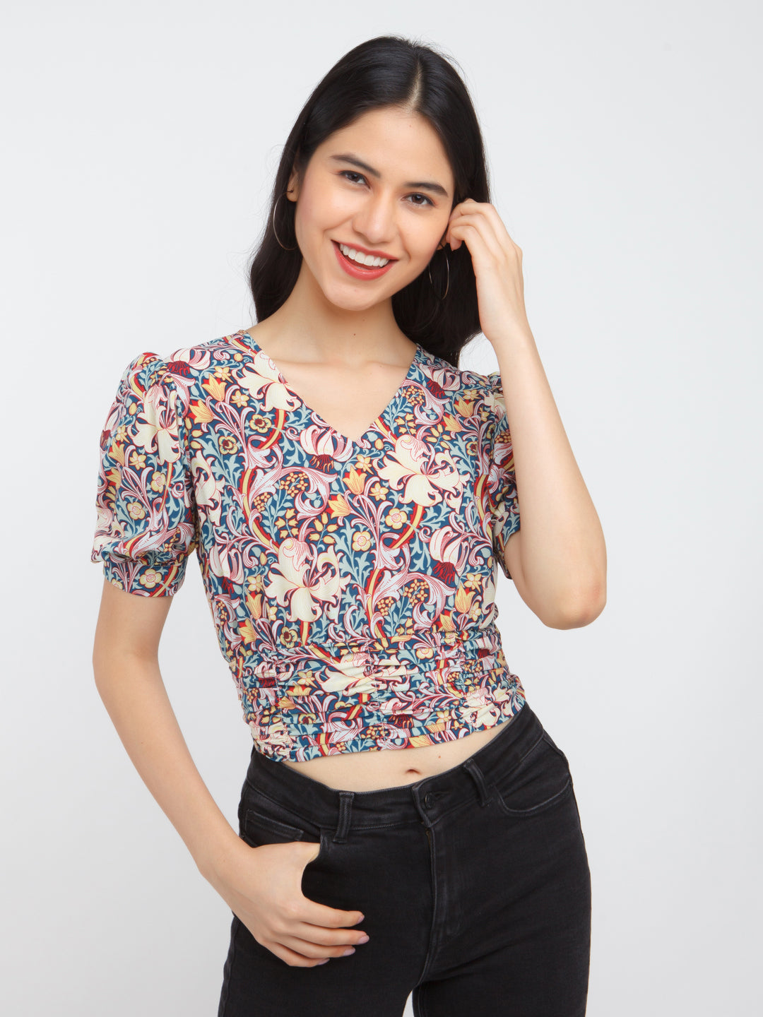 Multicolored Printed Puff Sleeve Top