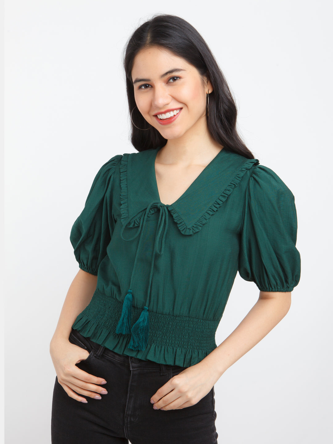 Green Solid Puff Sleeve Top