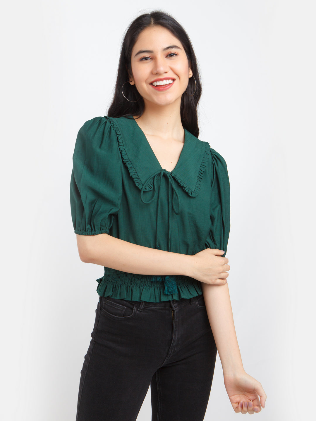 Green Solid Puff Sleeve Top For Women