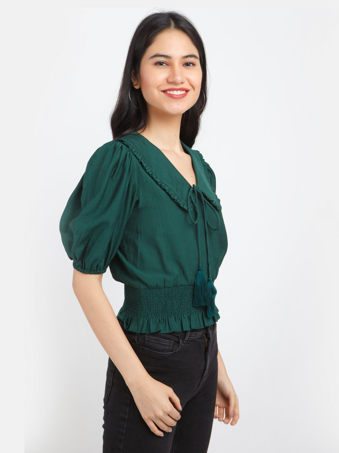 Green Solid Puff Sleeve Top