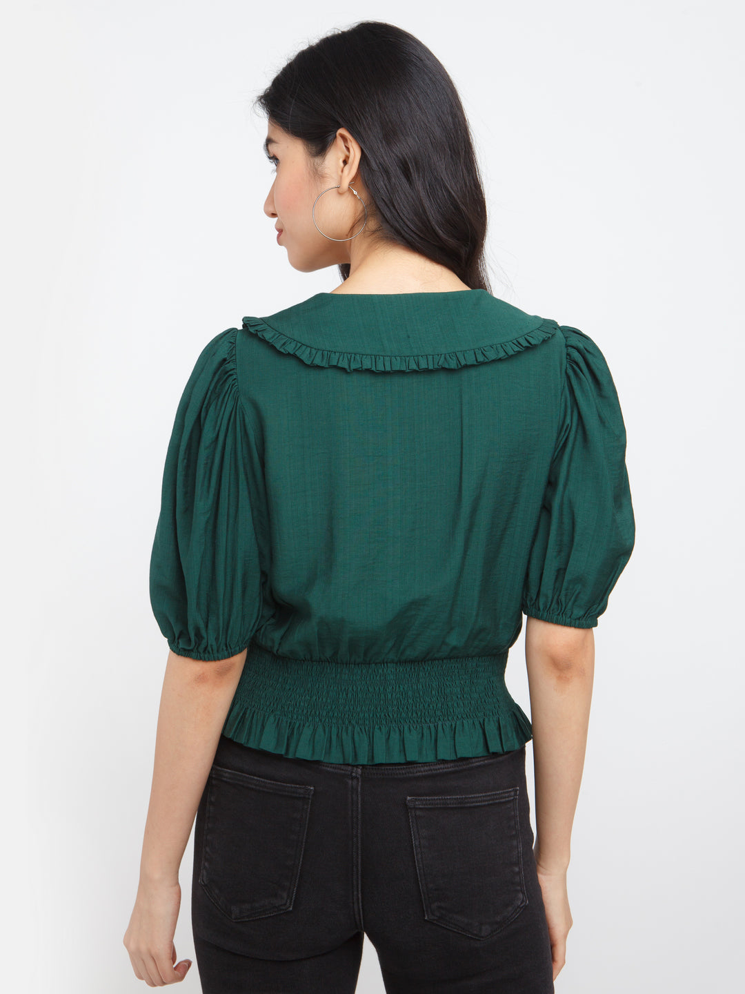 Green Solid Puff Sleeve Top