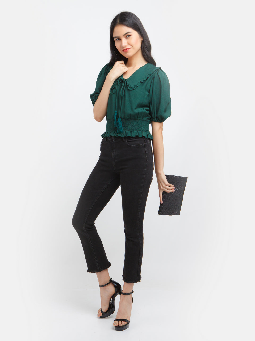 Green Solid Puff Sleeve Top