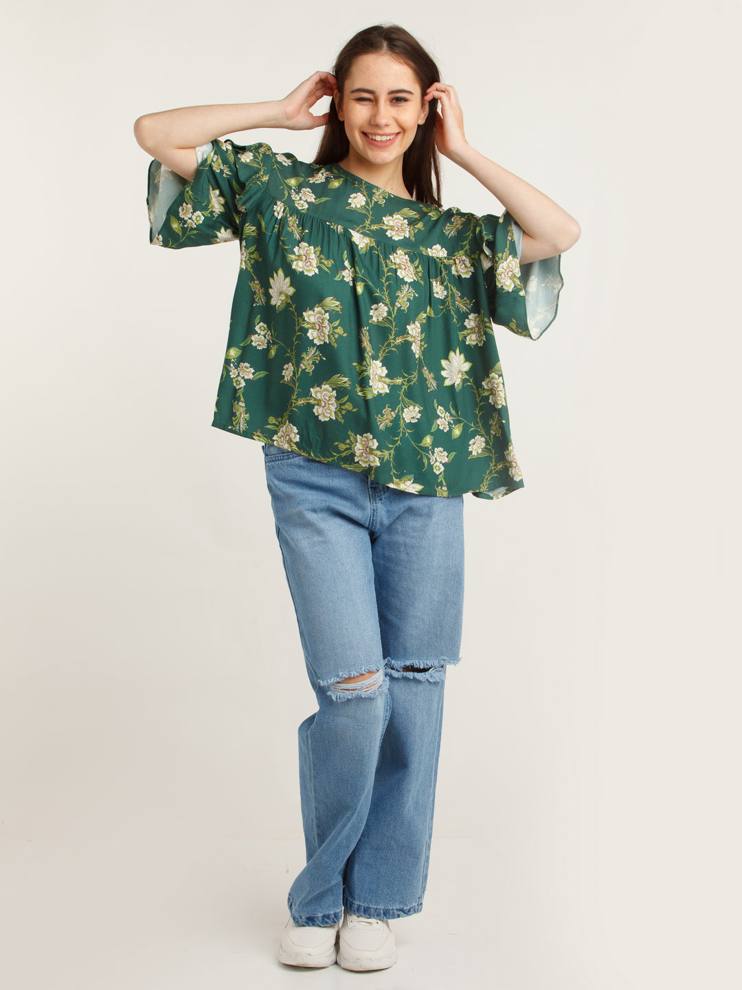 Green Printed Flared Sleeve Top