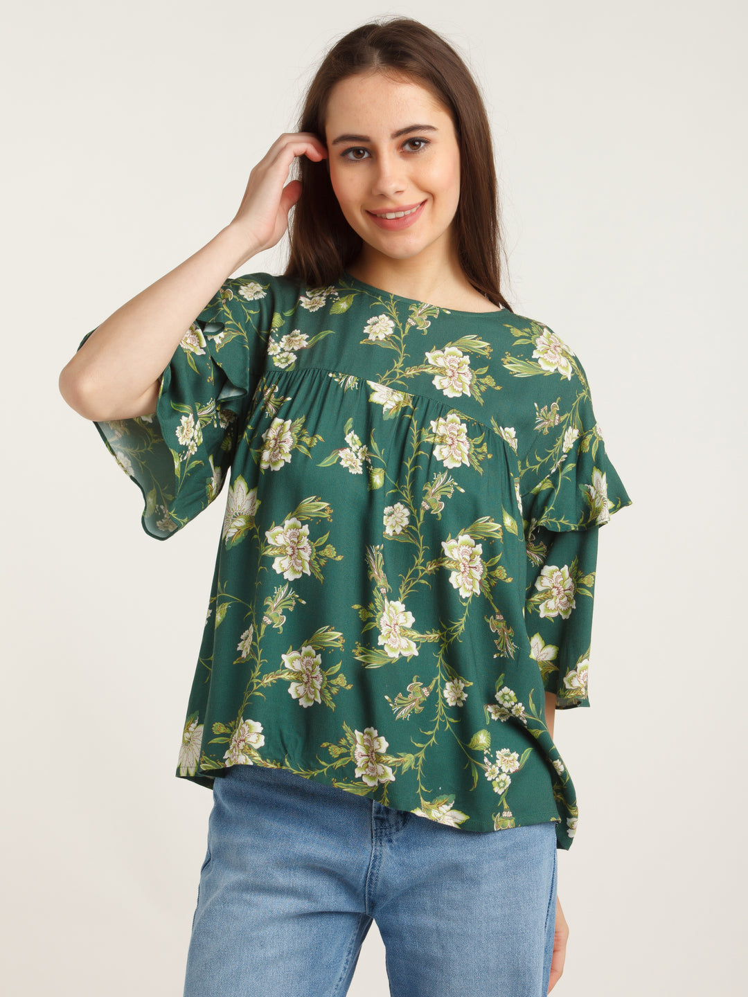 Green Printed Flared Sleeve Top