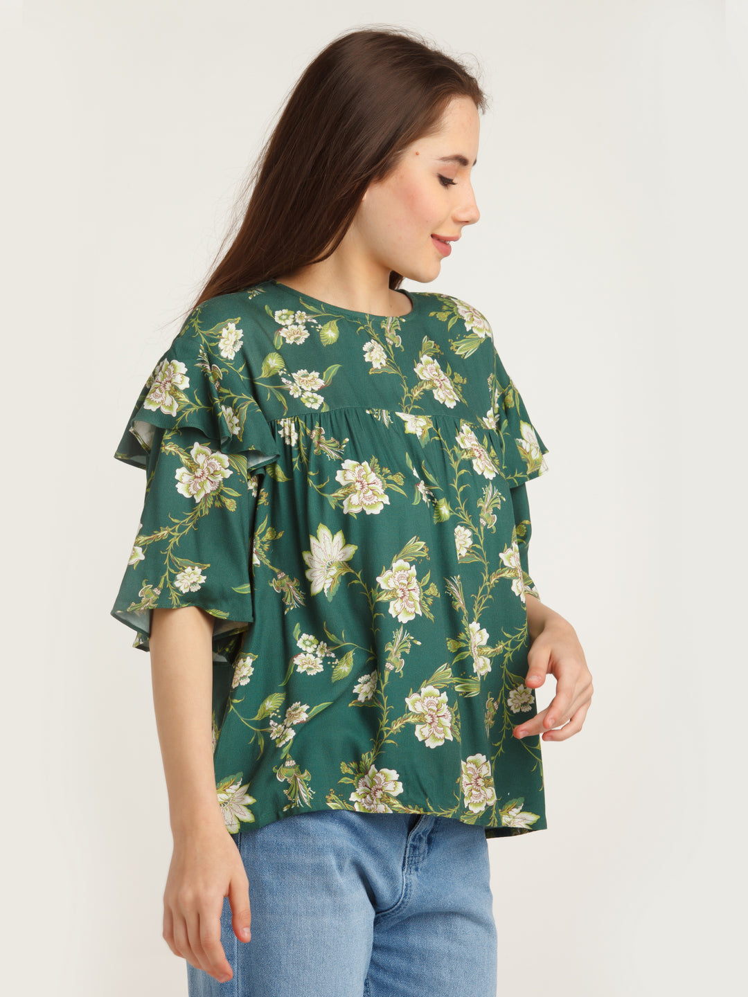 Green Printed Flared Sleeve Top