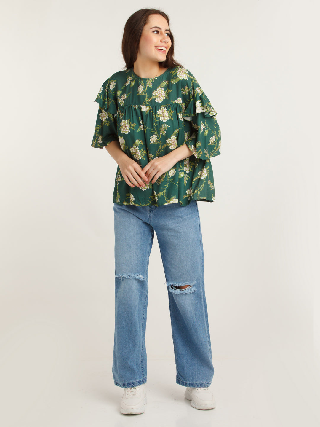 Green Printed Flared Sleeve Top