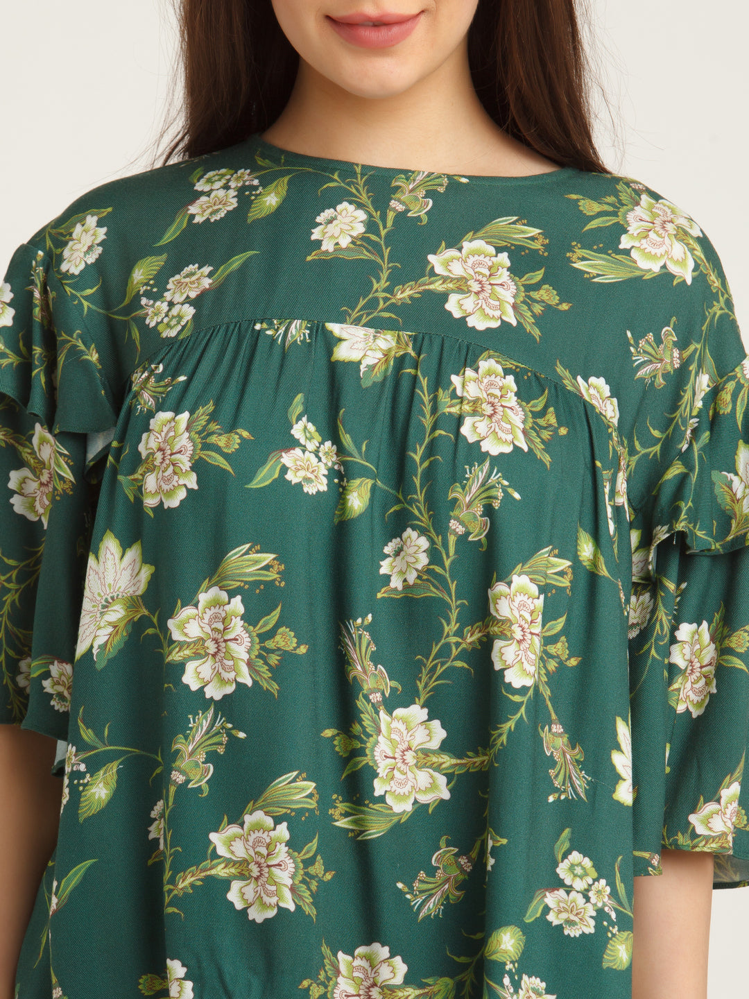 Green Printed Flared Sleeve Top For Women