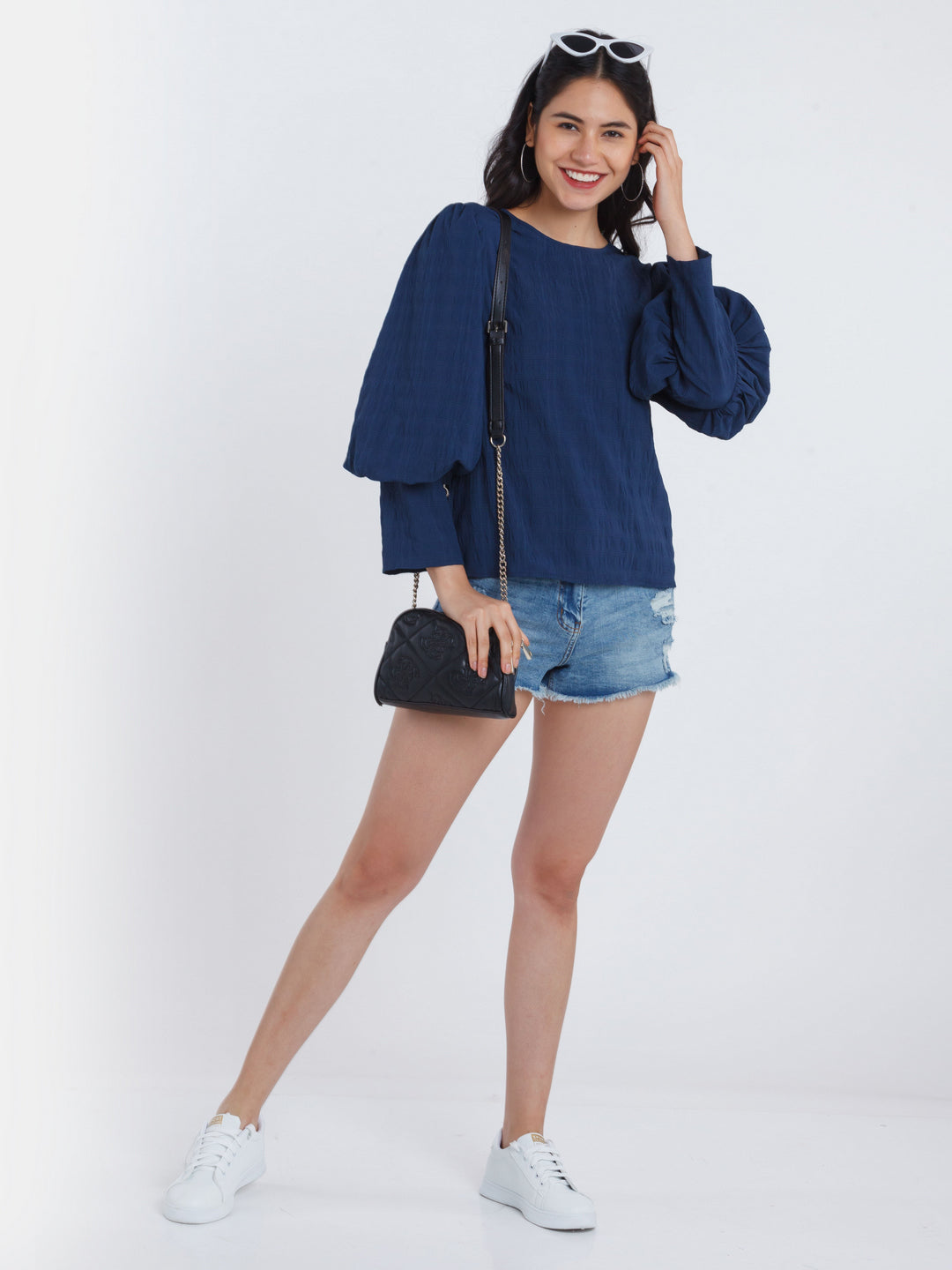 Navy Blue Puff Sleeve Top