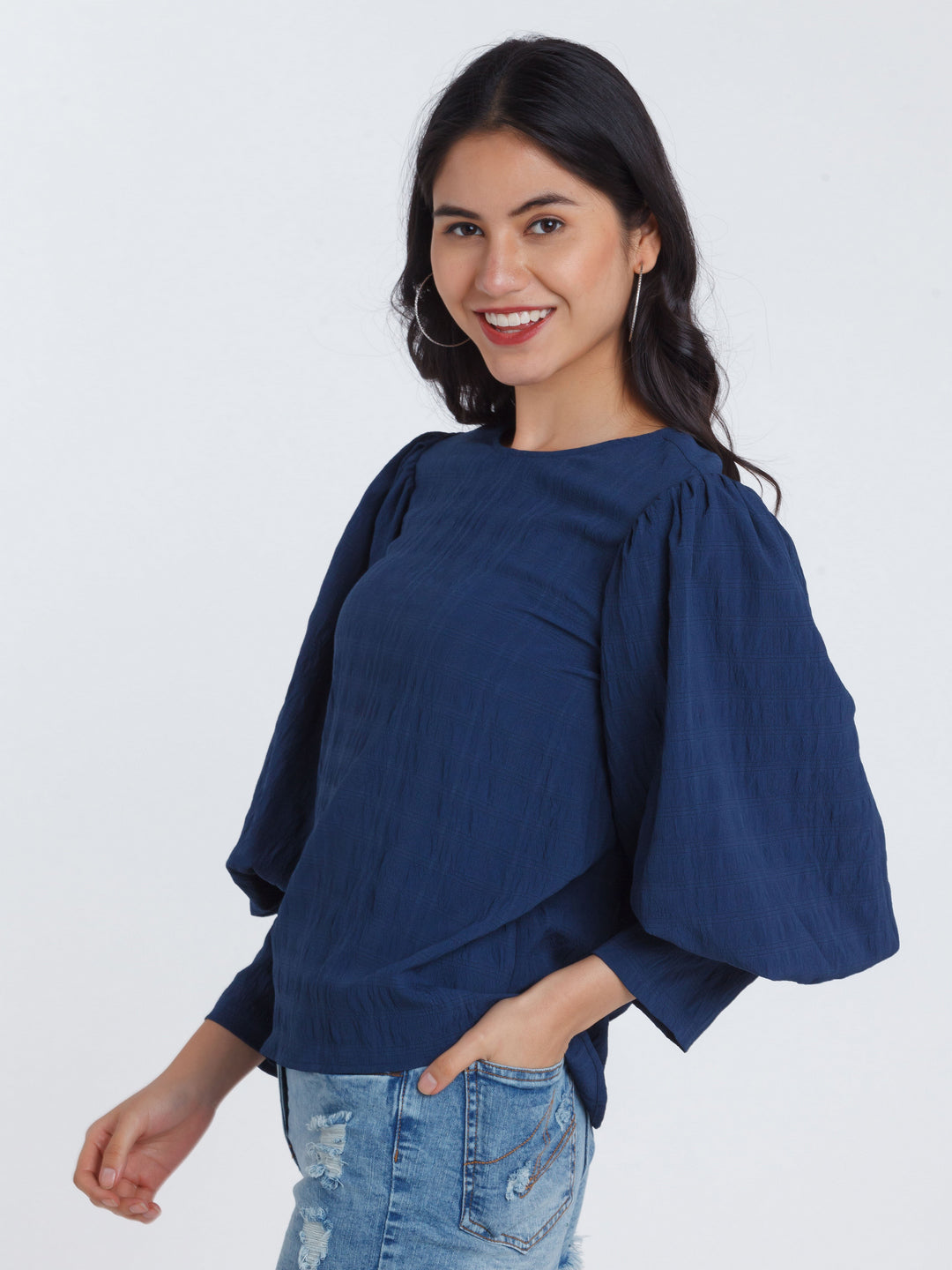 Navy Blue Puff Sleeve Top