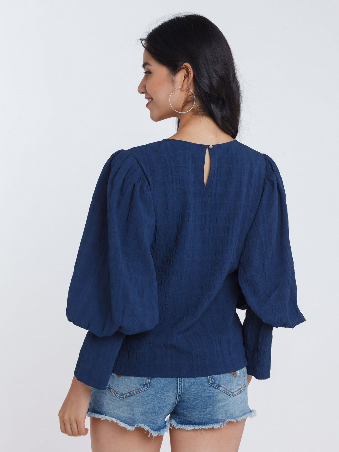Navy Blue Puff Sleeve Top For Women