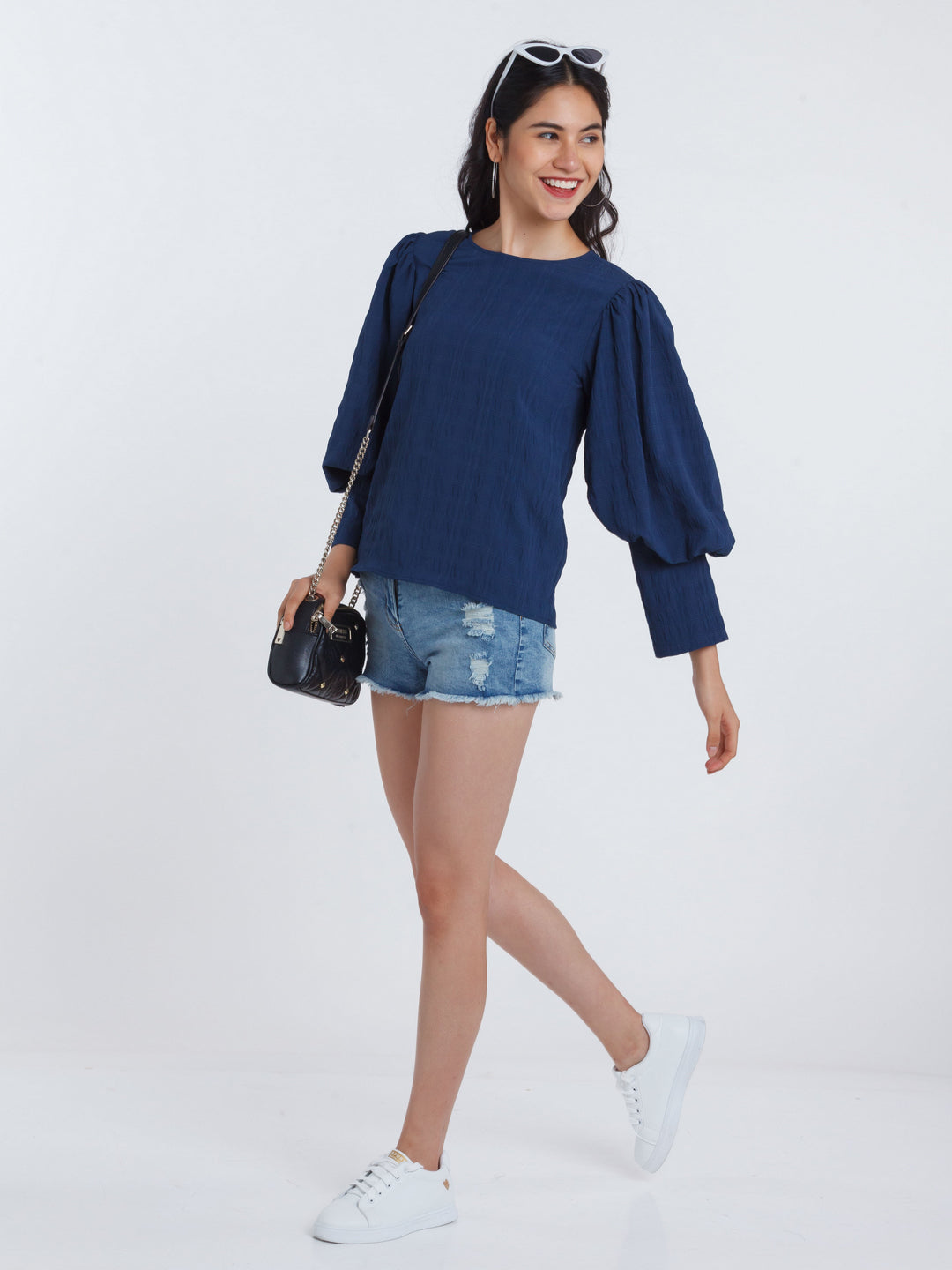 Navy Blue Puff Sleeve Top