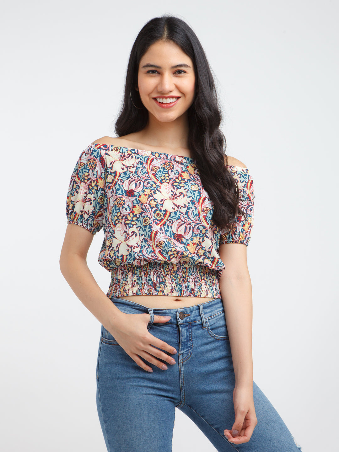 Multicolored Printed Off-shoulder Top