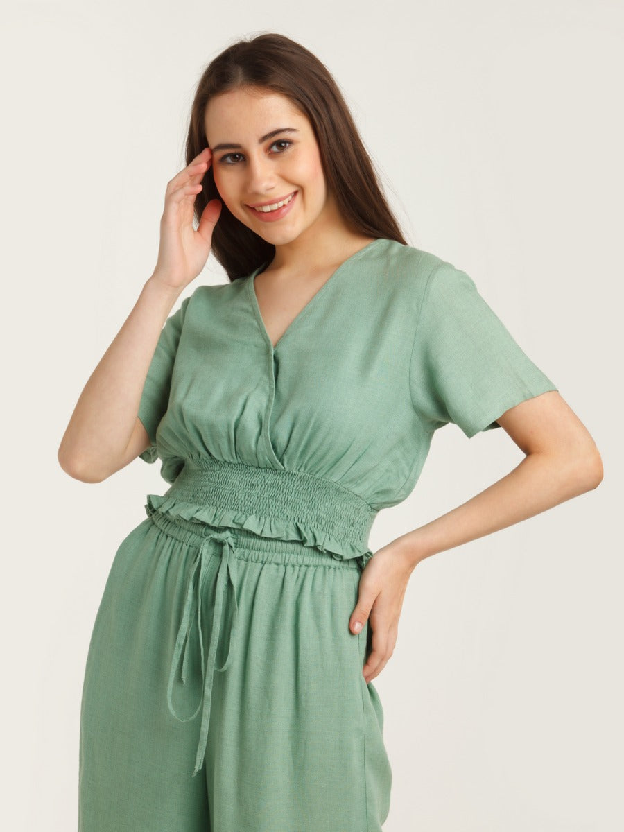 Green Solid Smocking Top For Women