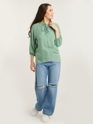 Green Solid Tie-Up Top For Women