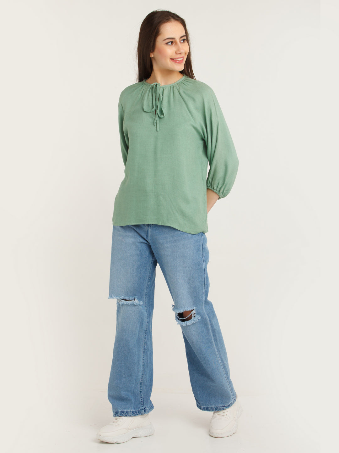 Green Solid Tie-Up Top For Women