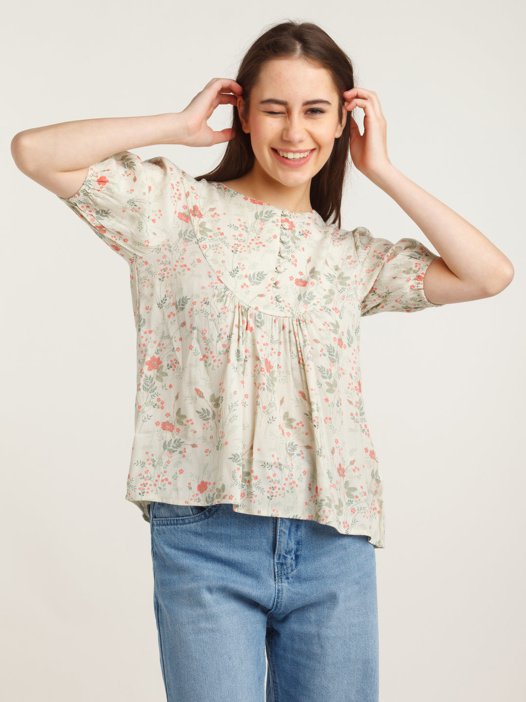 Beige Printed Gathered Top